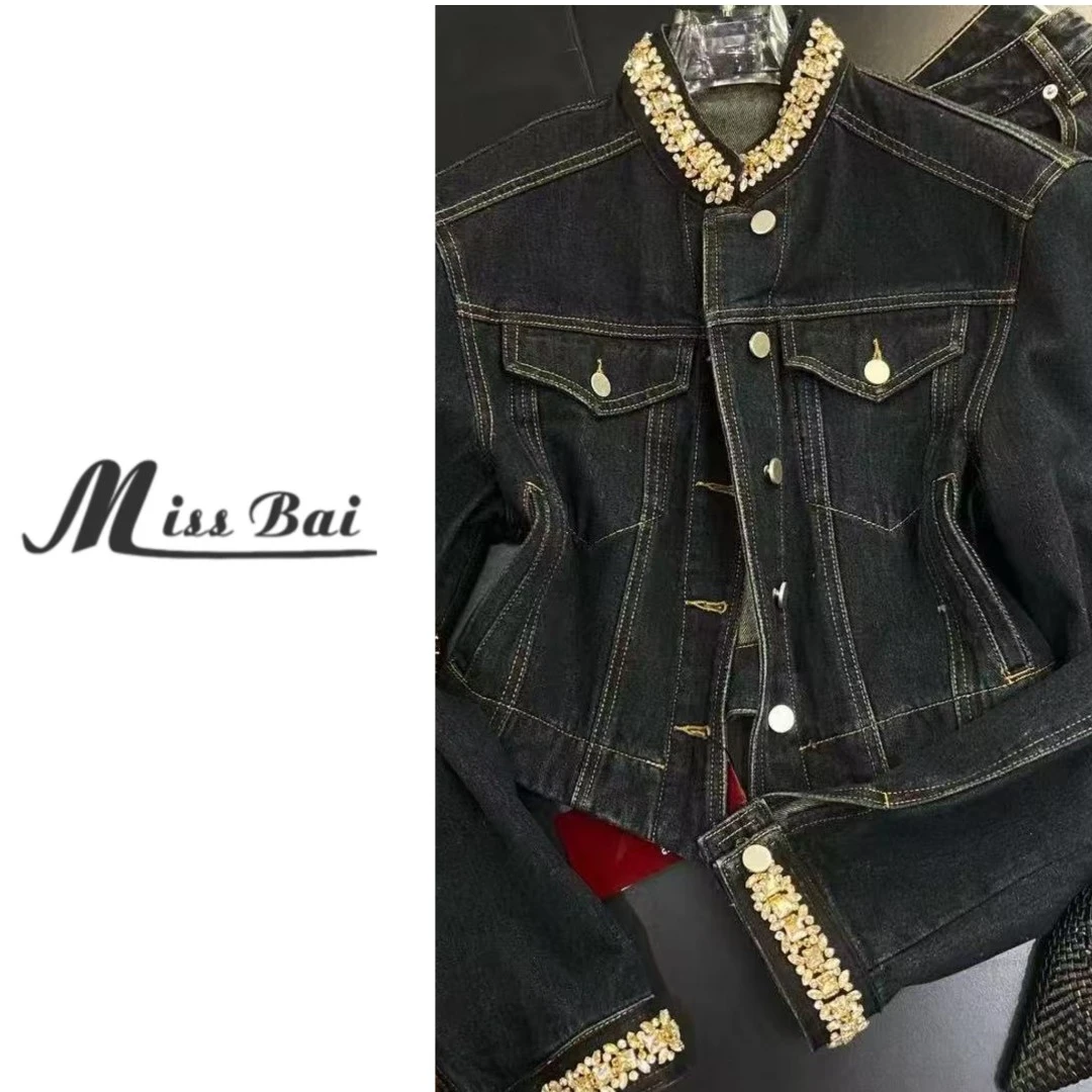 【白姐严选2】-墨兰色钻链牛仔外套时尚大气外套复古重工百搭