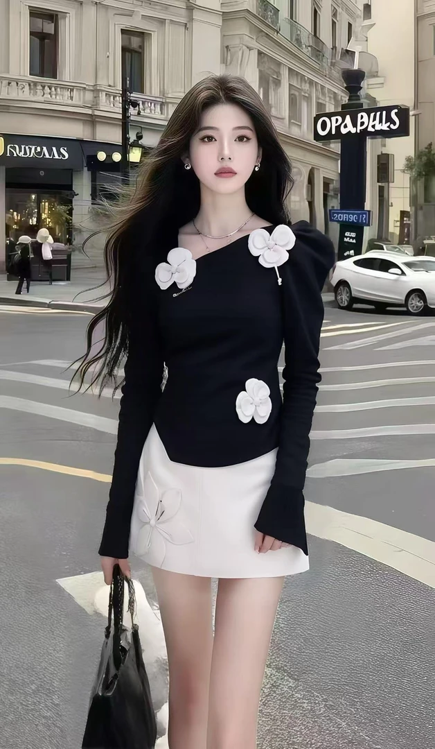 轻奢气质时尚通勤风穿搭黑色斜领长袖碎花上衣+白色百搭半身裙女