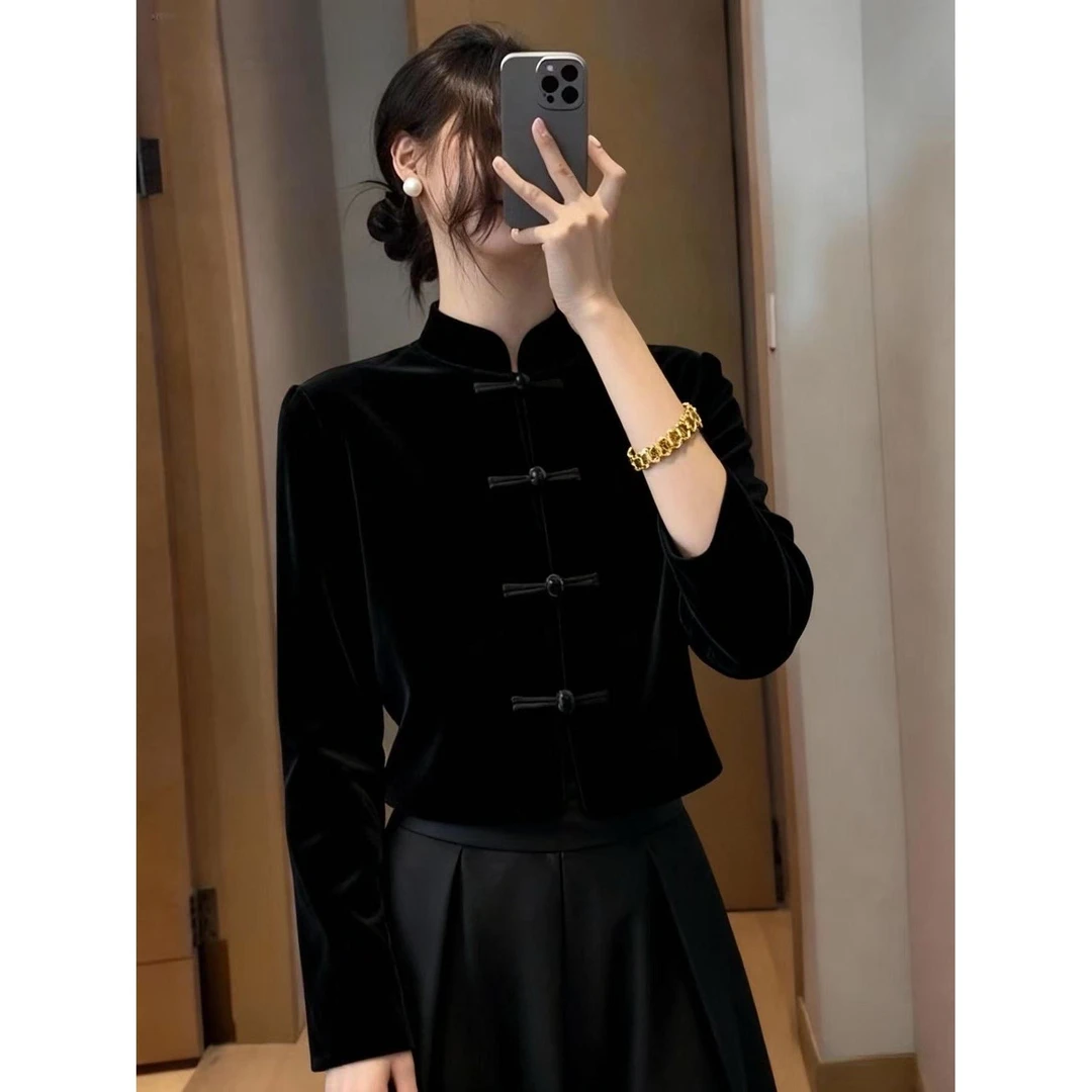 新中式女装黑色盘扣丝绒衬衫外套25秋独特绝美超好看国风旗袍上衣
