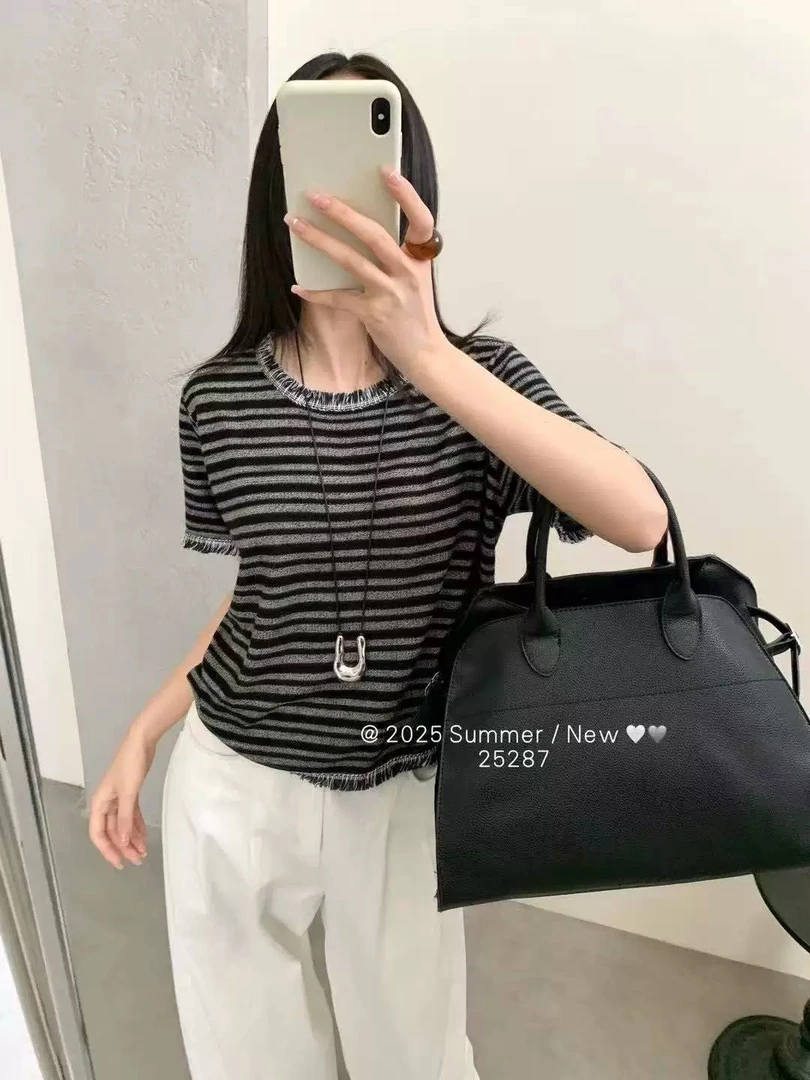 389韩系圆领流苏毛边设计感洋气条纹针织衫短袖T恤上衣