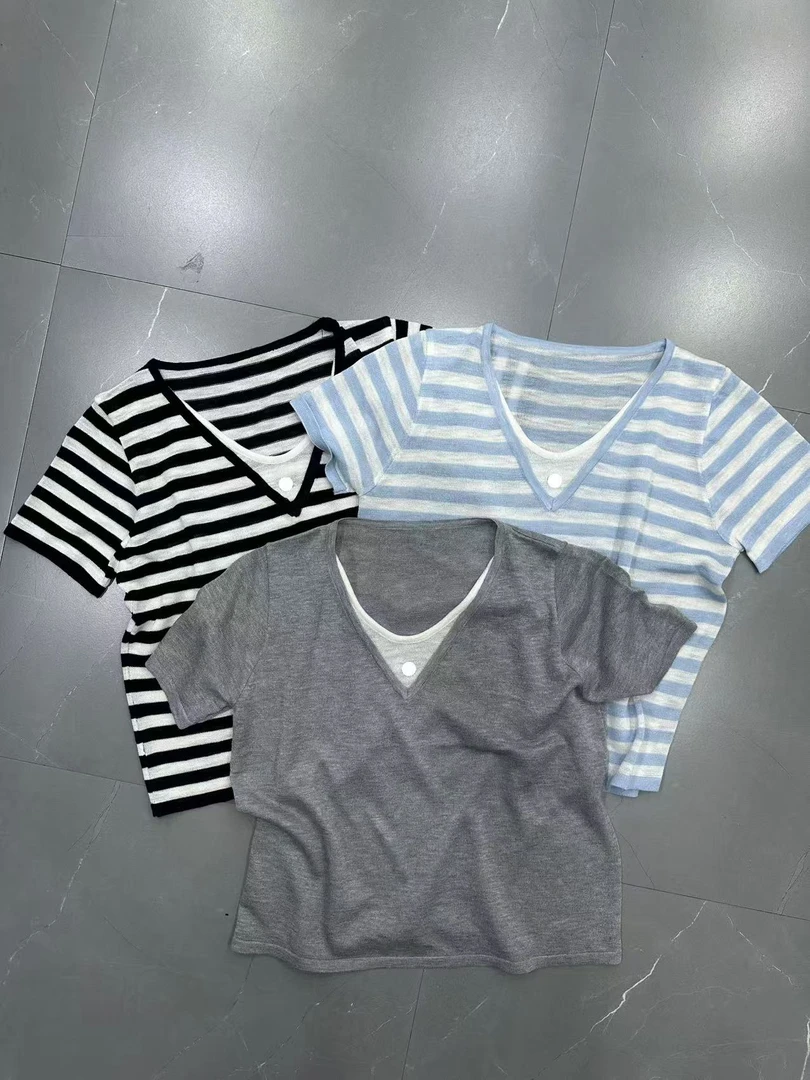 双领假两件针织短袖