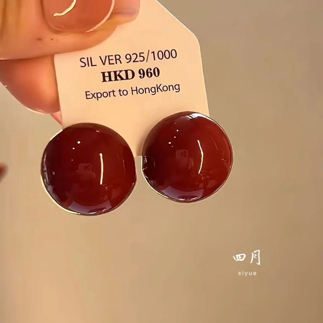 合金耳饰 安可拉红豆豆耳环滴釉复古法式酒红色耳环小众高级耳钉