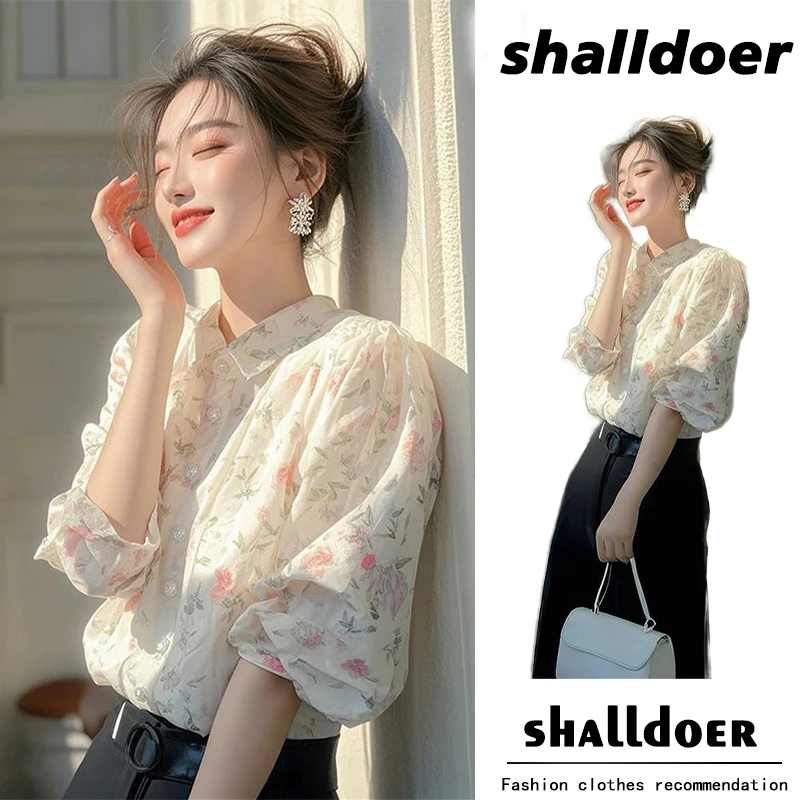 2025春季新款碎花翻领衬衫宽松时尚潮流百搭设计感法式休闲上衣女