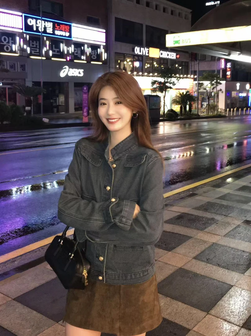 2025韩系气质高级感复古牛仔外套高腰百搭咖色半身裙两件套装