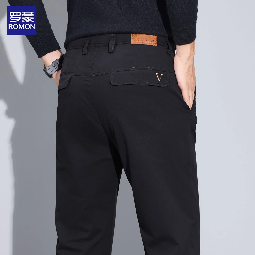 罗蒙黑色纯棉休闲裤男士直筒修身秋冬季厚款商务抗皱通勤风长裤子