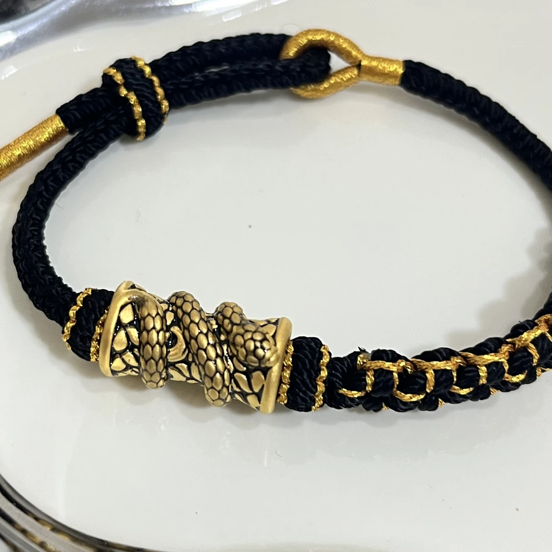 足金纯黄金黑金蛇男生金手链手工编绳本命年蛇转运珠生肖蛇