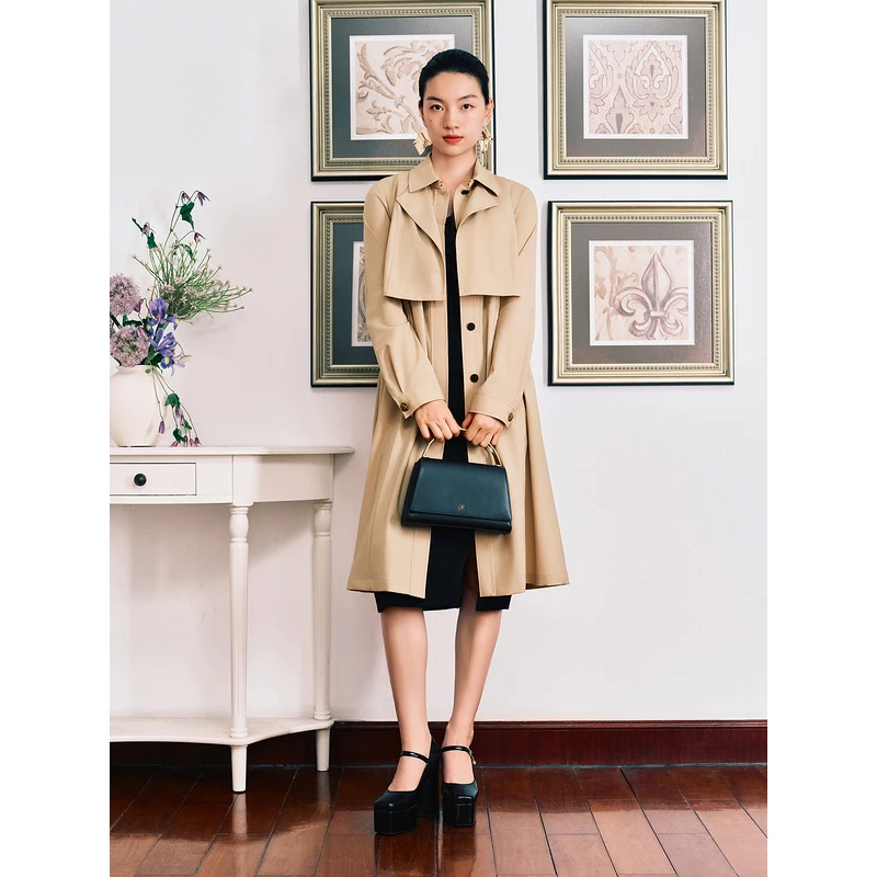 【美丽诺羊毛混纺】YINER音儿新款抽绳收腰A版卡其色风衣8234307080