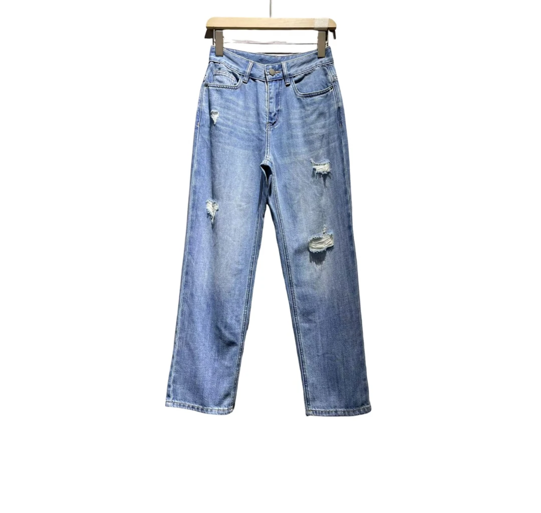 VERAGAO-进口土耳其面料蓝色破洞九分烟管裤 上身舒适利落大方