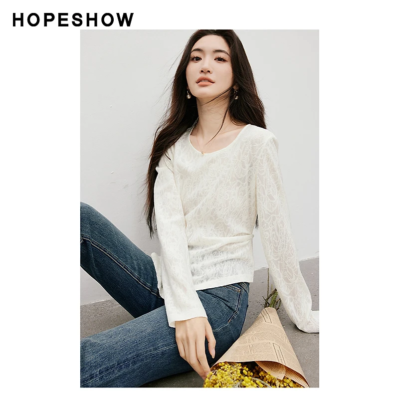 红袖秋季2025新款女装 提花小开叉正肩圆领套头上衣90125010201