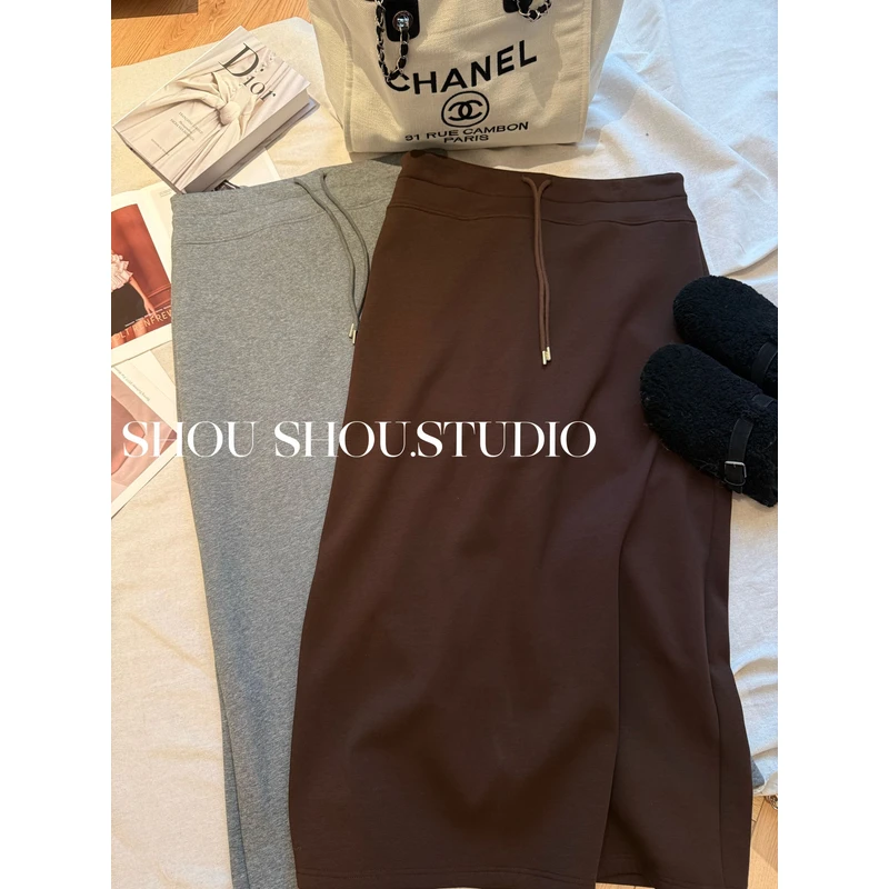 【菲菲】大码高腰宽边带抽绳加绒后开叉百搭垂感显瘦半身裙S02124