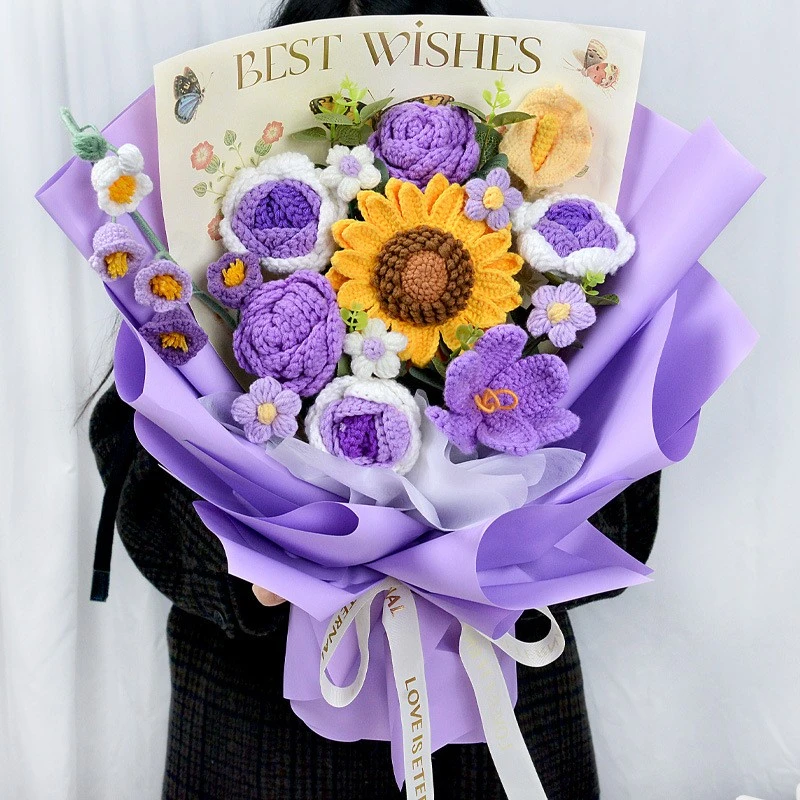 手工毛线花束双层花瓣成品向日葵铃兰玫瑰针织花束送毛线花束成品