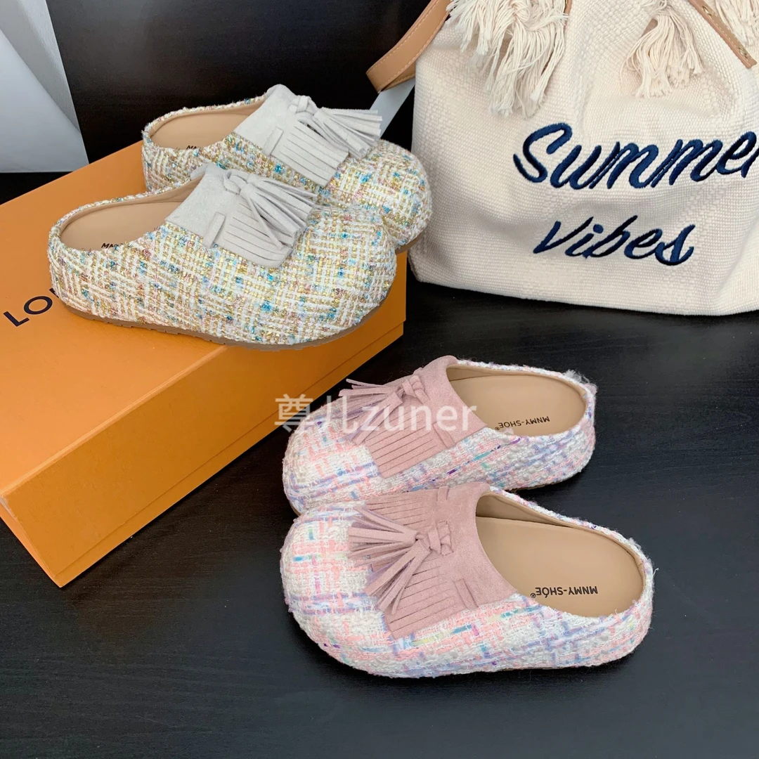 尊儿2025春夏新款小香风勃肯半拖小个子厚底增高编织流苏休闲鞋