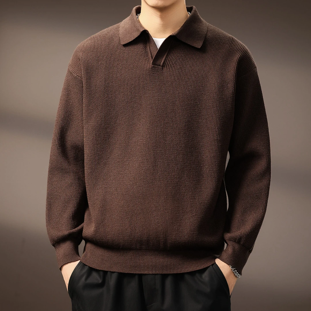 高端美式复古海鸥领Polo衫男秋季宽松老钱风套头坑条针织衫毛衣男