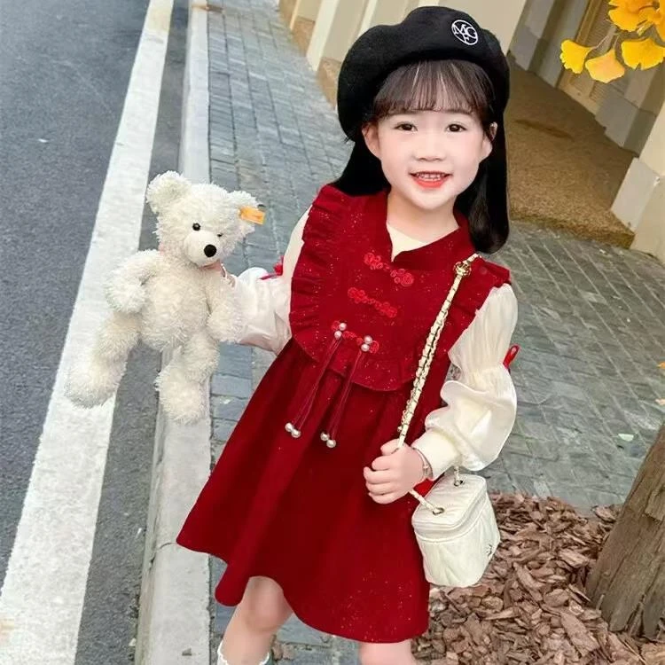 女童新年连衣裙大耳象童装女童秋冬新年红色复古盘扣背心裙加绒女