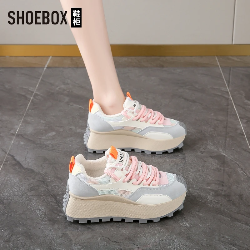 SHOEBOX鞋柜厚底阿甘鞋女2025新款秋季网面百搭舒适休闲运动鞋
