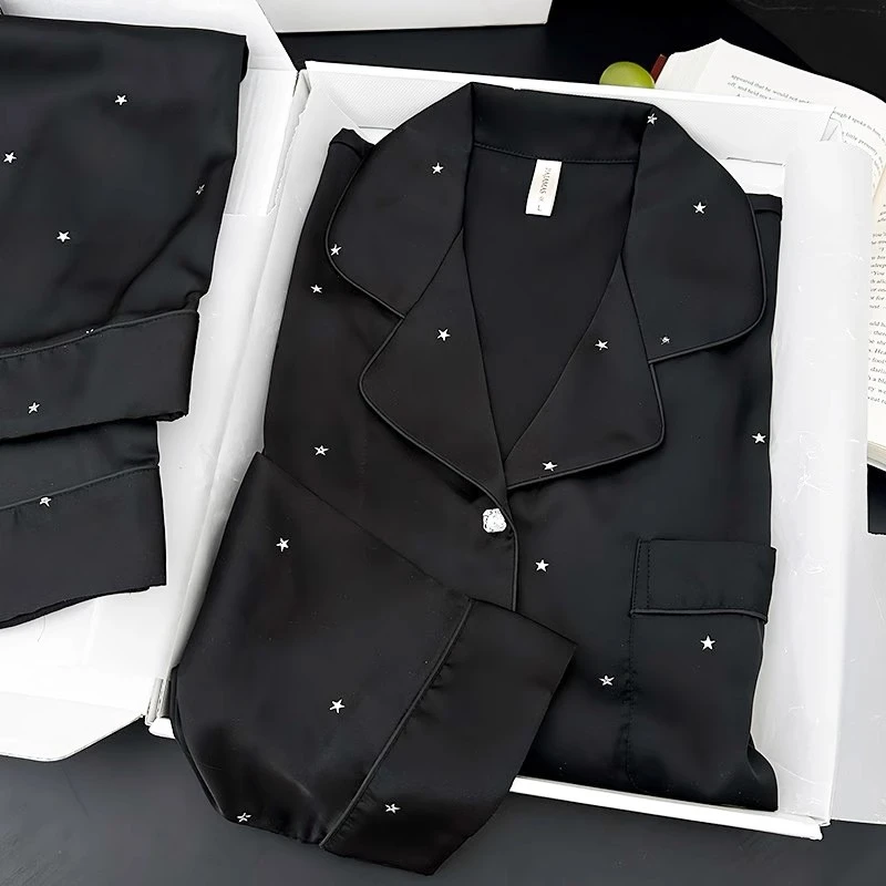 【杨幂-繁星黑 送女生送闺蜜轻奢礼物】绸缎丝睡衣女春夏家居服套装