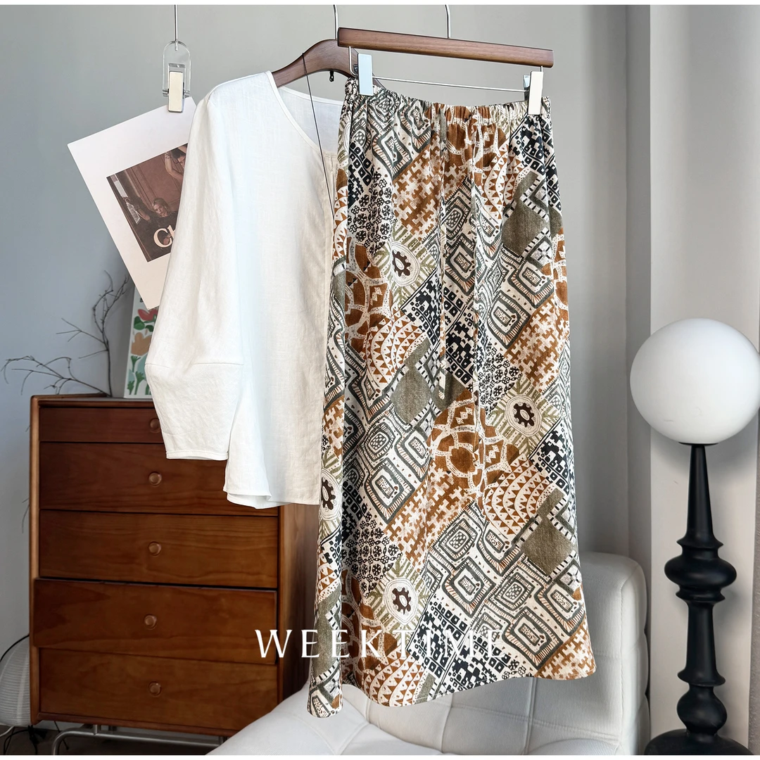 【洱海】天丝亚麻民族风印花显瘦半身裙8267082670