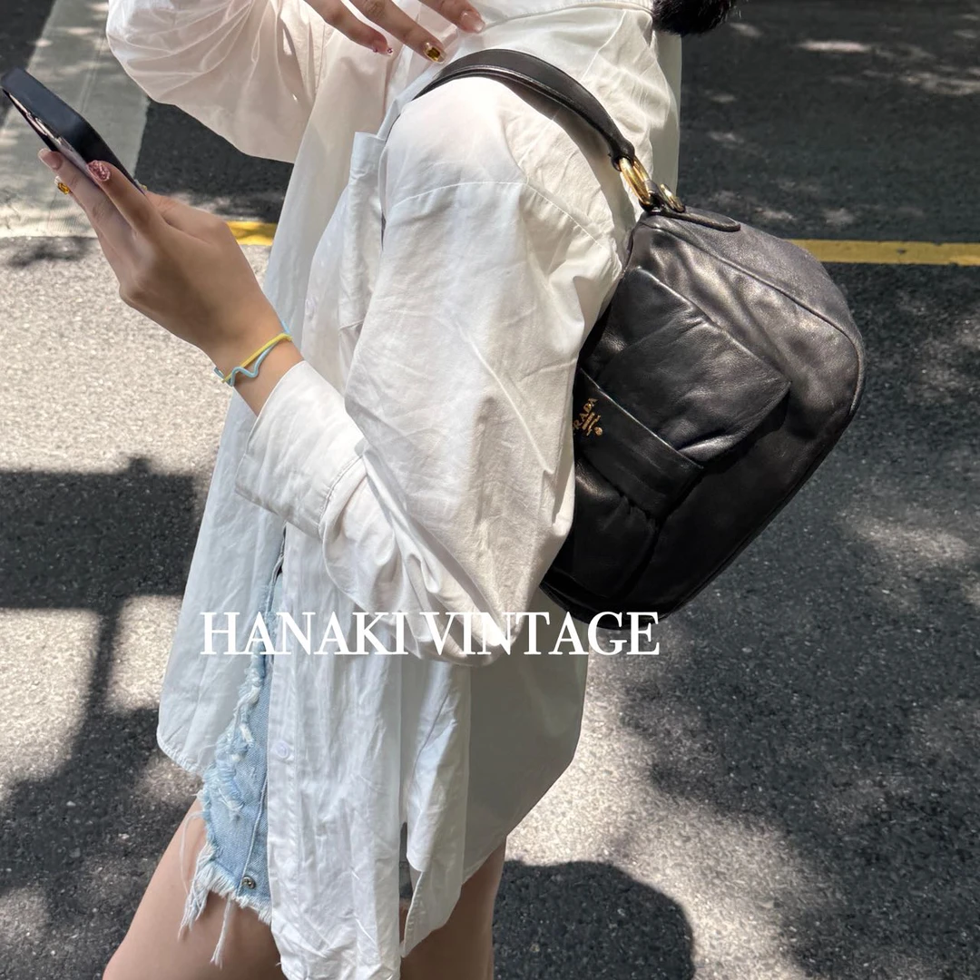 95新 Prada/普拉达 花绮中古/Prada黑色蝴蝶结全皮腋下hobo单肩包