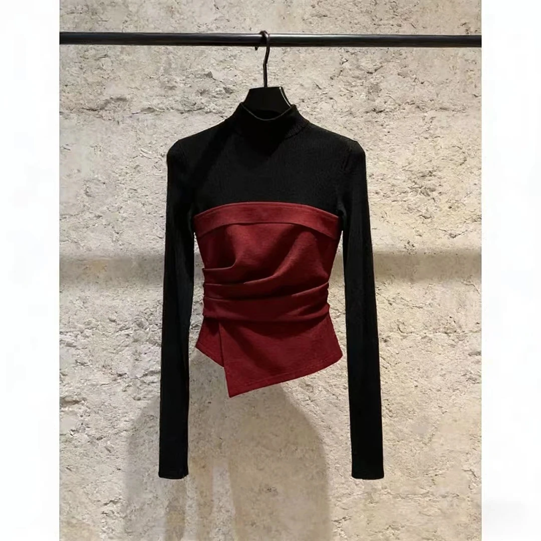 韩系小众不撞款上衣内搭打底衫黑色拼接半高领褶皱长袖t恤女秋冬