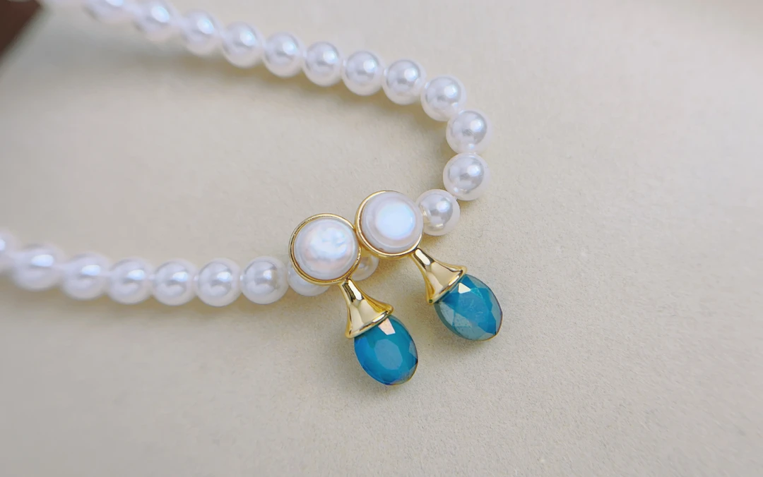 铜合金贝壳耳饰 巴洛克珠珠蓝晶耳钉饰品蓝色气质轻奢