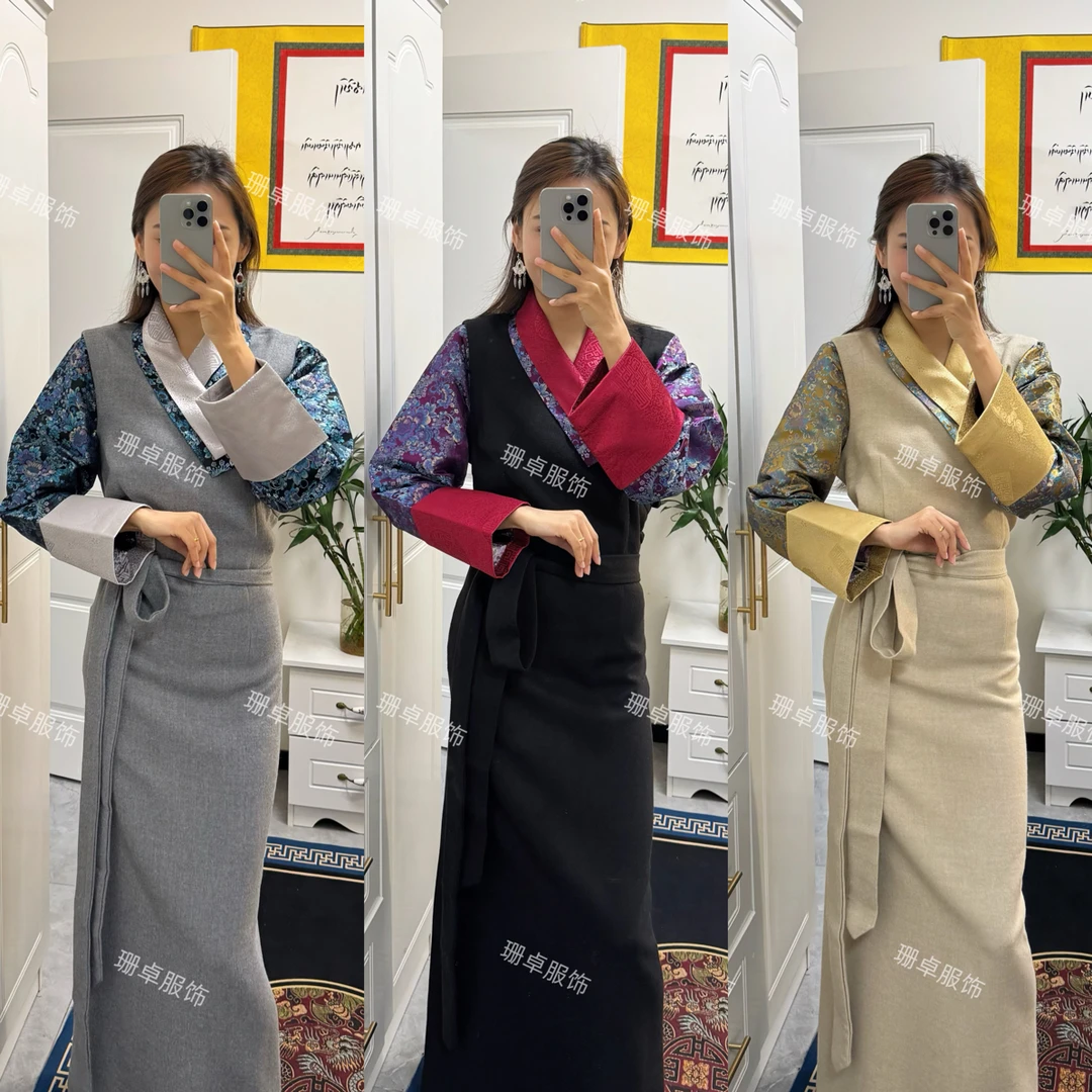 【珊卓服饰】冬季新款藏式拼接小方领毛呢博拉裙保暖显瘦民族风