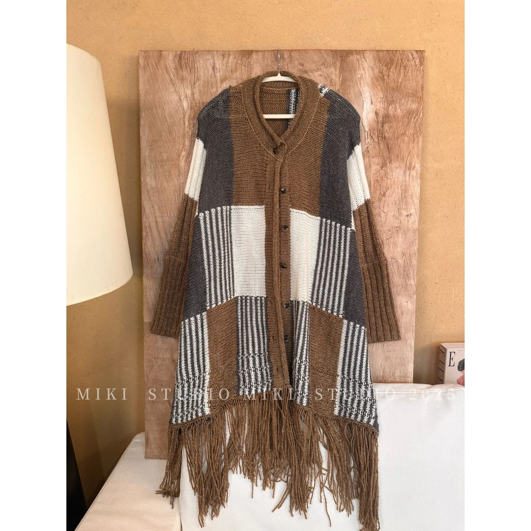 MIKI｜复古简约｜设计感雅韵流苏拼色针织开衫外搭