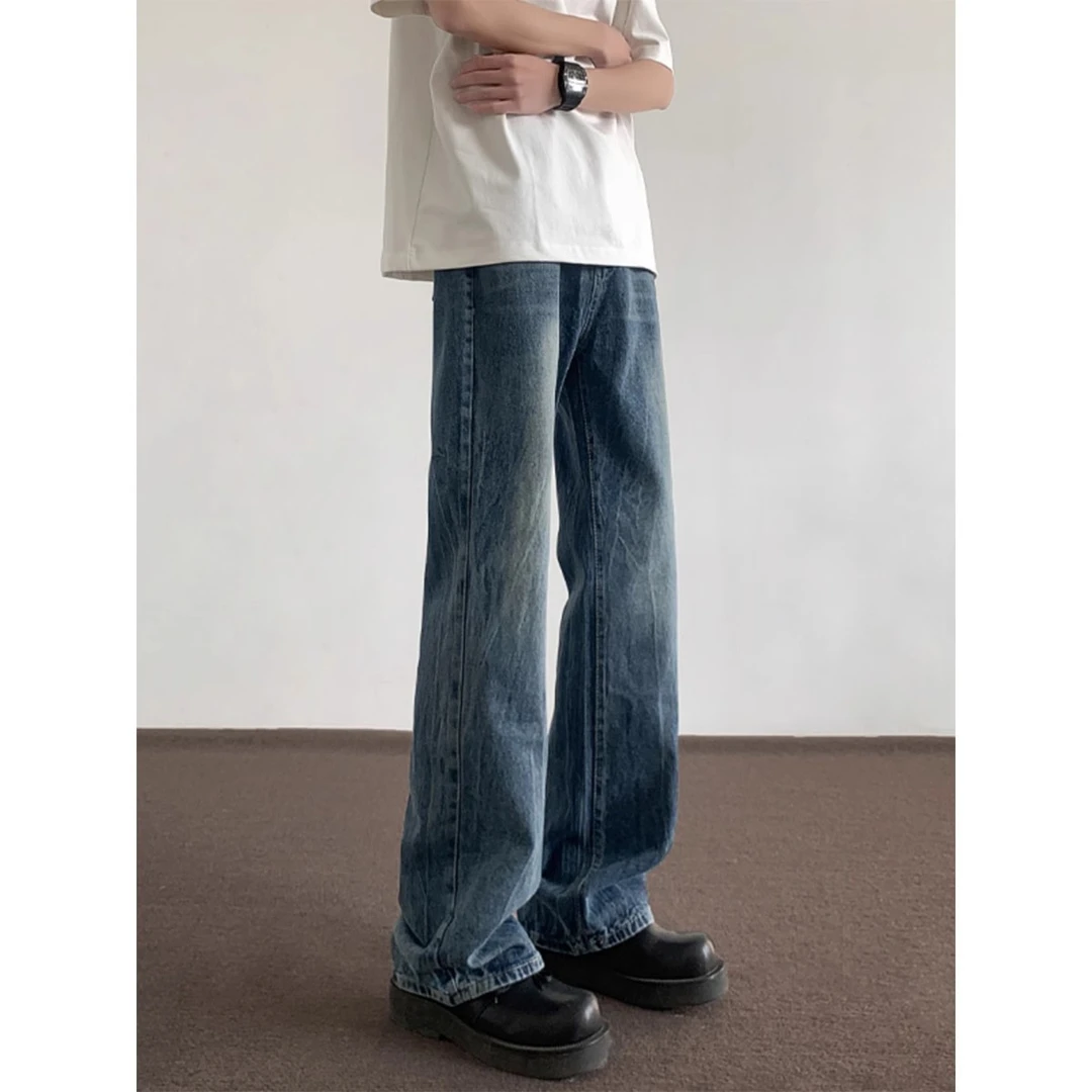 美式微喇牛仔裤男潮牌新款高街vibe闪电纹蓝色直筒显瘦休闲长裤子