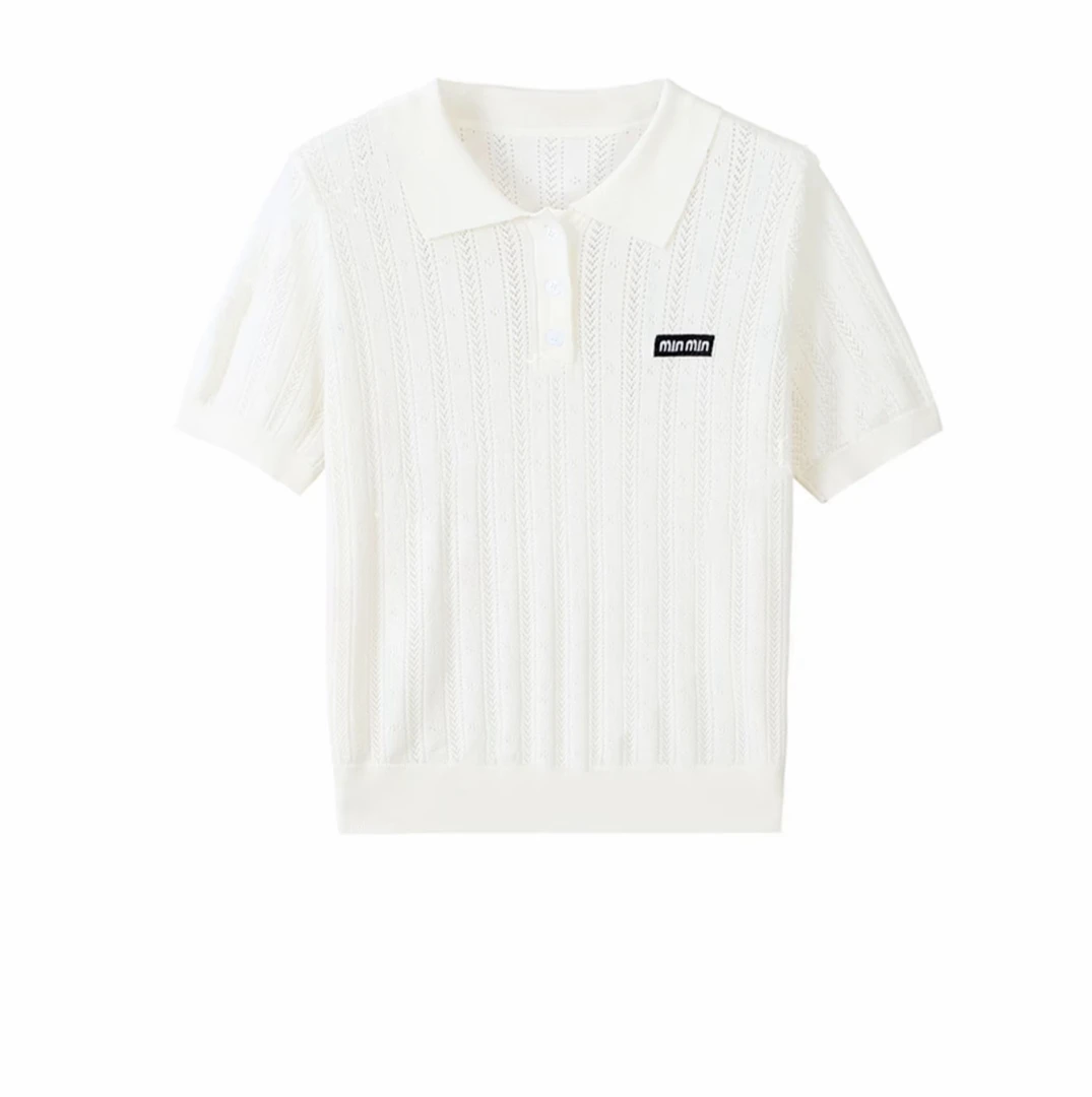 Miu系夏季新款镂空莱塞尔天丝针织百搭休闲运动polo领上衣女