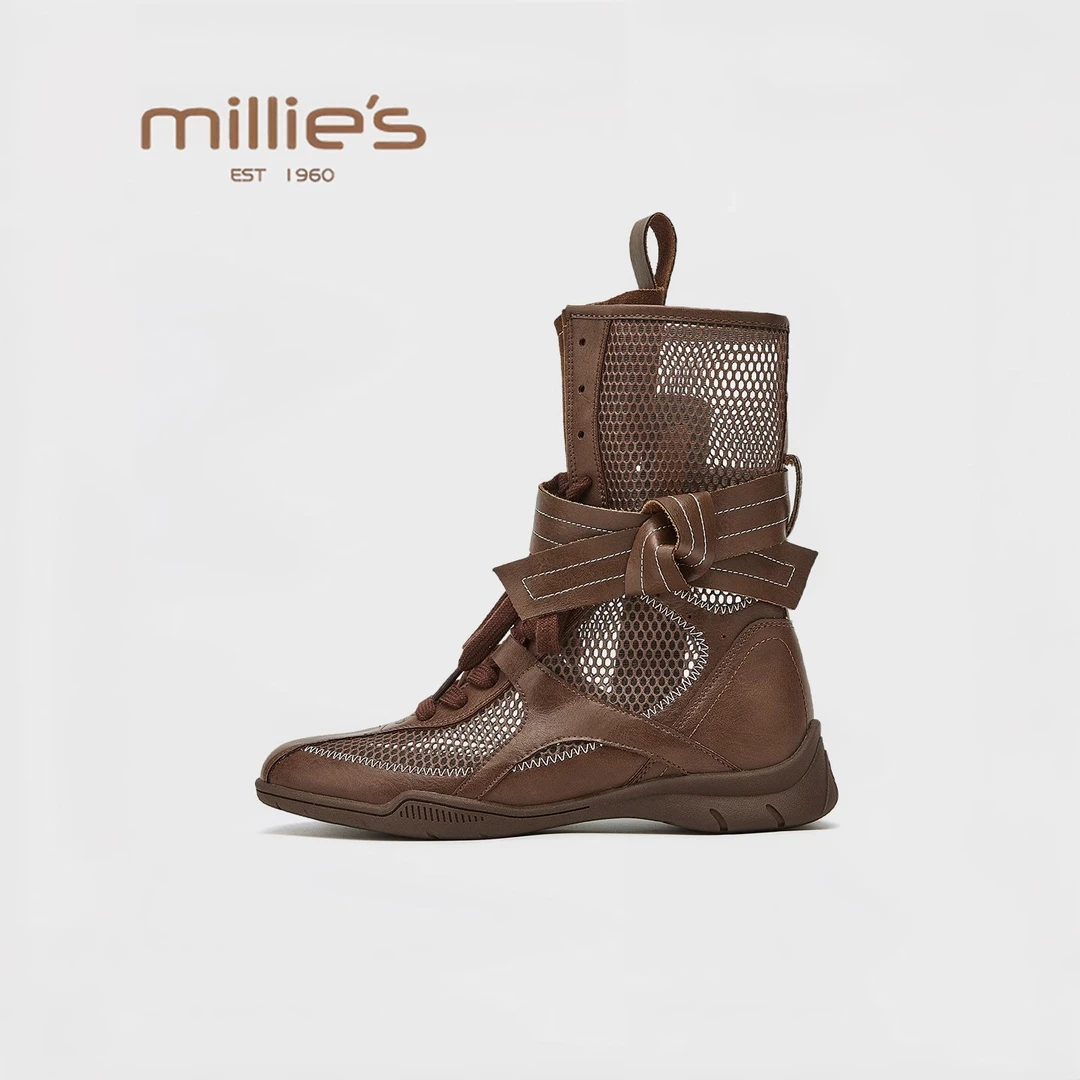 MILLIE'S/妙丽休闲网面凉靴女2025夏拳击猎鸭靴系带圆头百搭单靴
