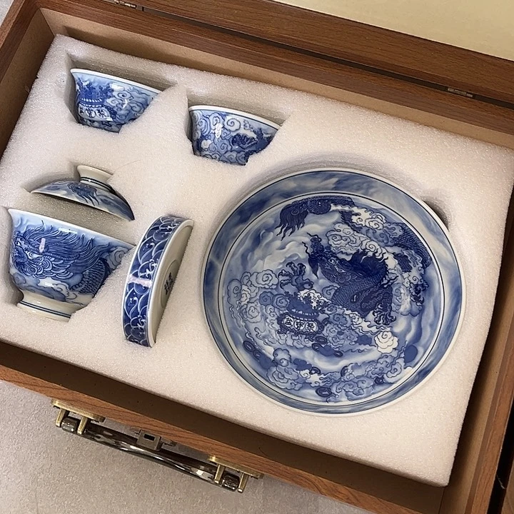 摆件鹤*山景德镇青花腾龙献宝五件套