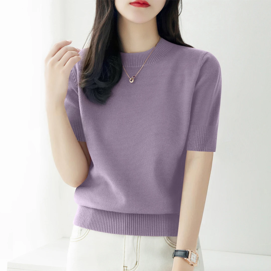 新款秋季中袖简约宽松上衣针织衫2025年气质圆领百搭内搭打底女装