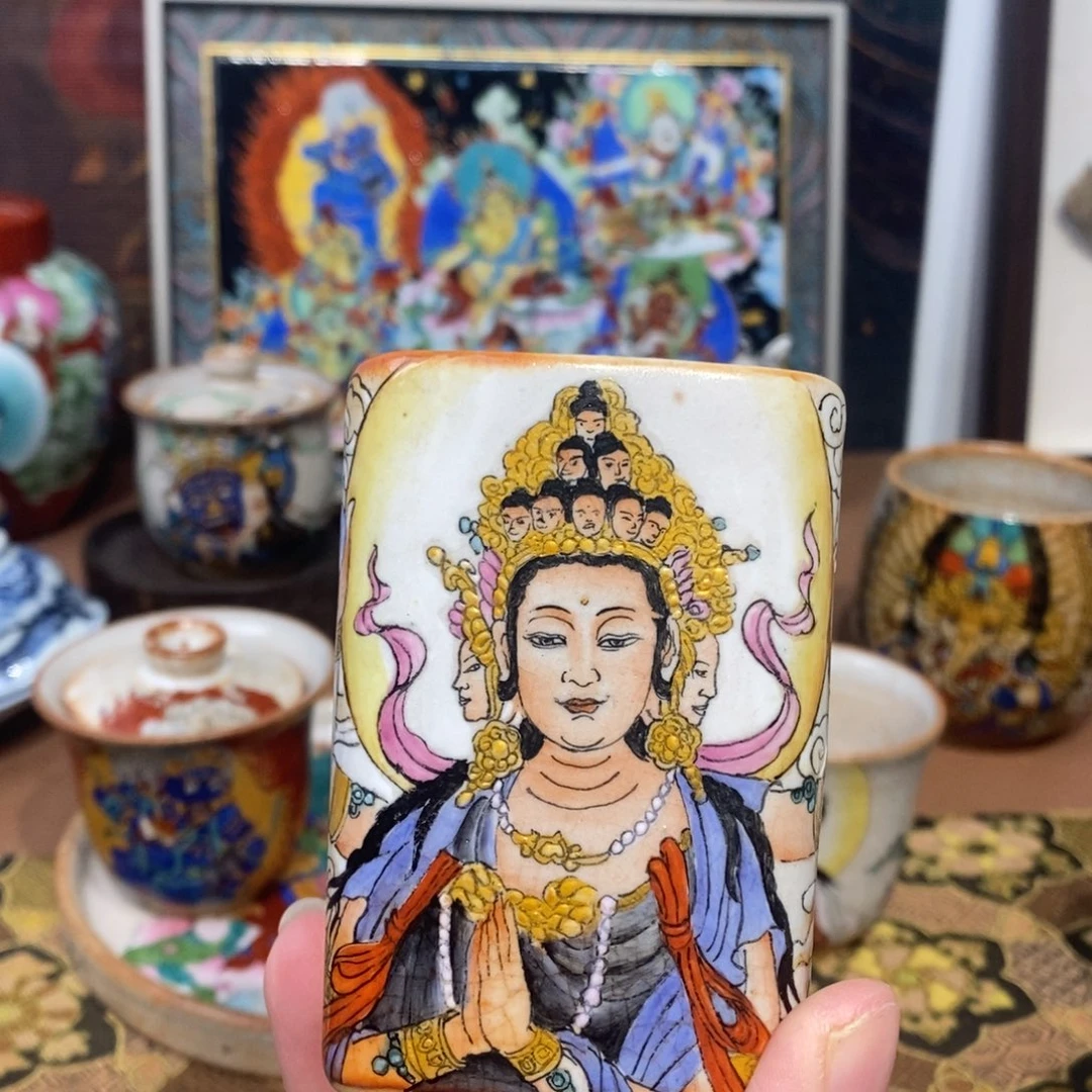 手工手绘敦煌十一面观音茶杯