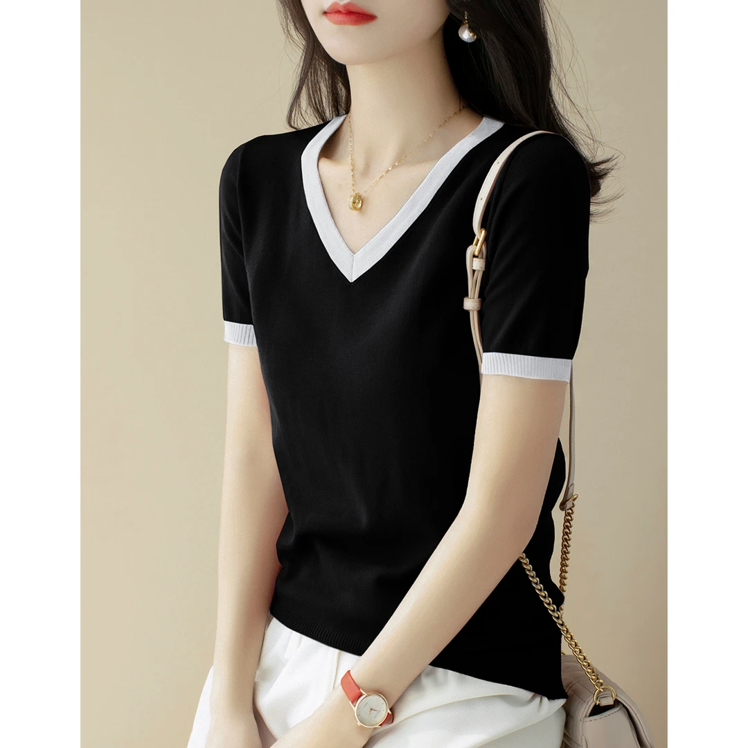 秋季穿搭时髦套头V领针织衫女装休闲风宽松显瘦气质短袖T恤上衣