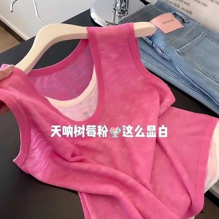 韩系简约树莓粉背心假两件拼接无袖T恤夏季新款上衣女显瘦显白款