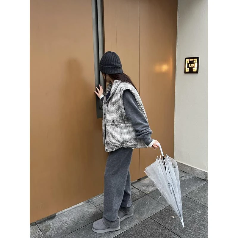 亚麻棉泡泡格纹羽绒服马甲 03193