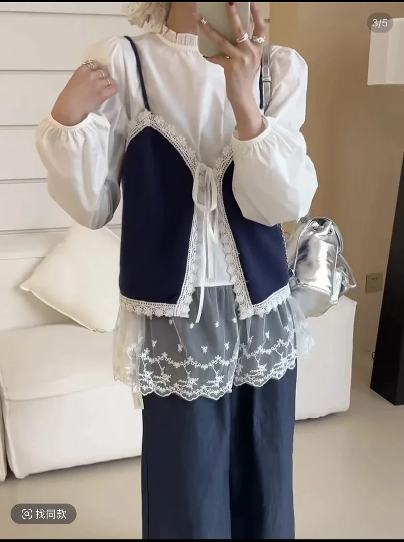 韩版宽松蕾丝拼接衬衫马夹阔腿裤春季新款时尚百搭显瘦套装