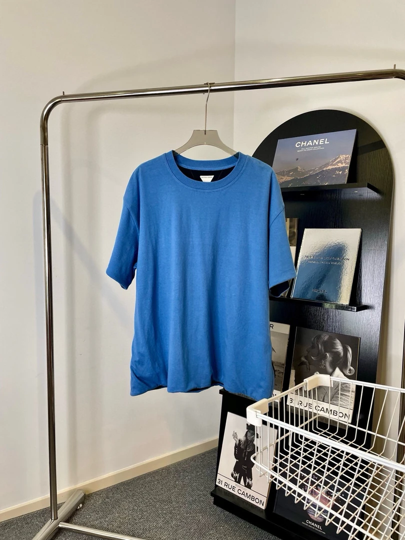 99新 BOTTEGA VENETA/葆蝶家 Z142 双层宽松休闲短袖蓝色T恤 XXL