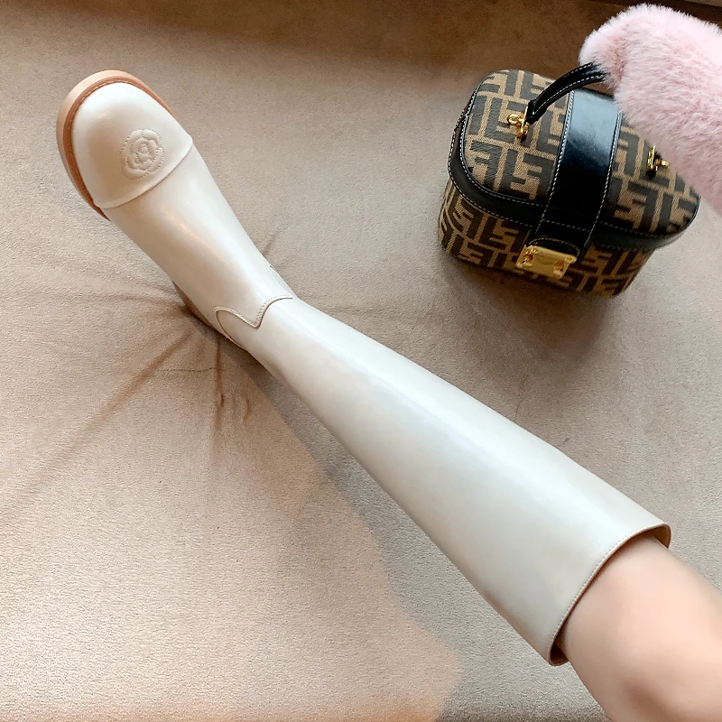 真皮小香风山茶花平底高筒长靴子女马靴骑士靴秋冬季时尚百搭气质