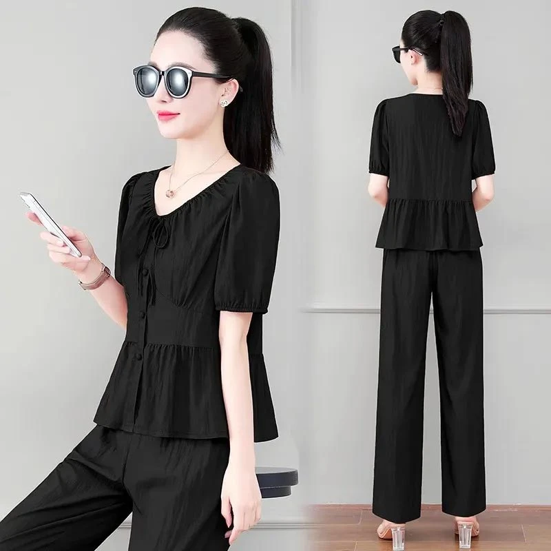 短袖长裤简约套装百搭韩版休闲女装小众两件套宽松2026年夏季新款