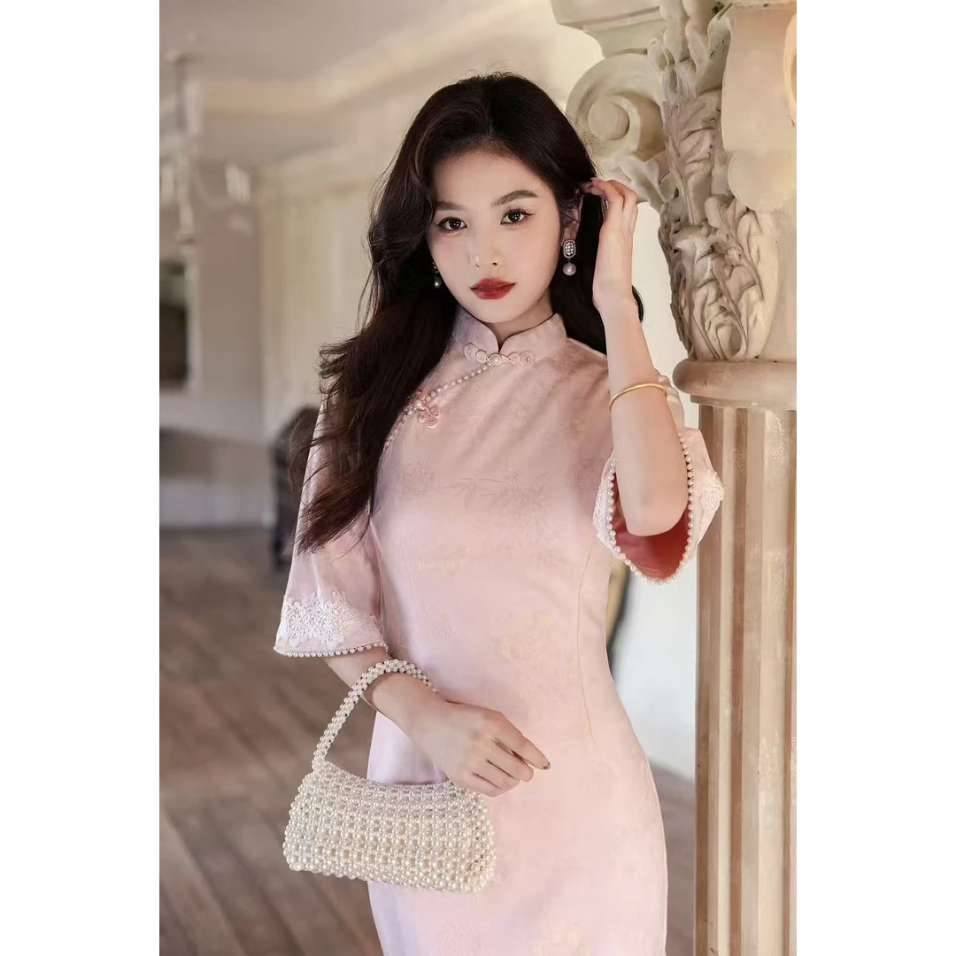 知雨  日常七分袖拼接低开衩新中式旗袍中式显瘦网红气质