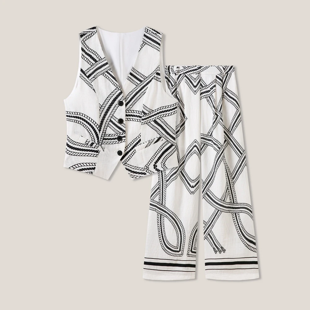 时尚百搭麻绳印花马甲+休闲裤两件套套装SS26264