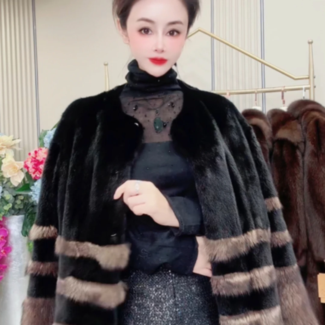 8531皇家贵夫人冬季新款时尚黑色圆领皮草大衣外套CZH-衣长90cm