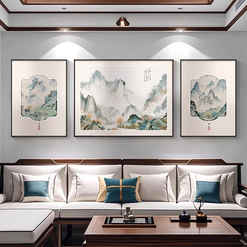 山水画靠山图客厅装饰画招财风景画沙发背景墙挂画新中式三联壁画