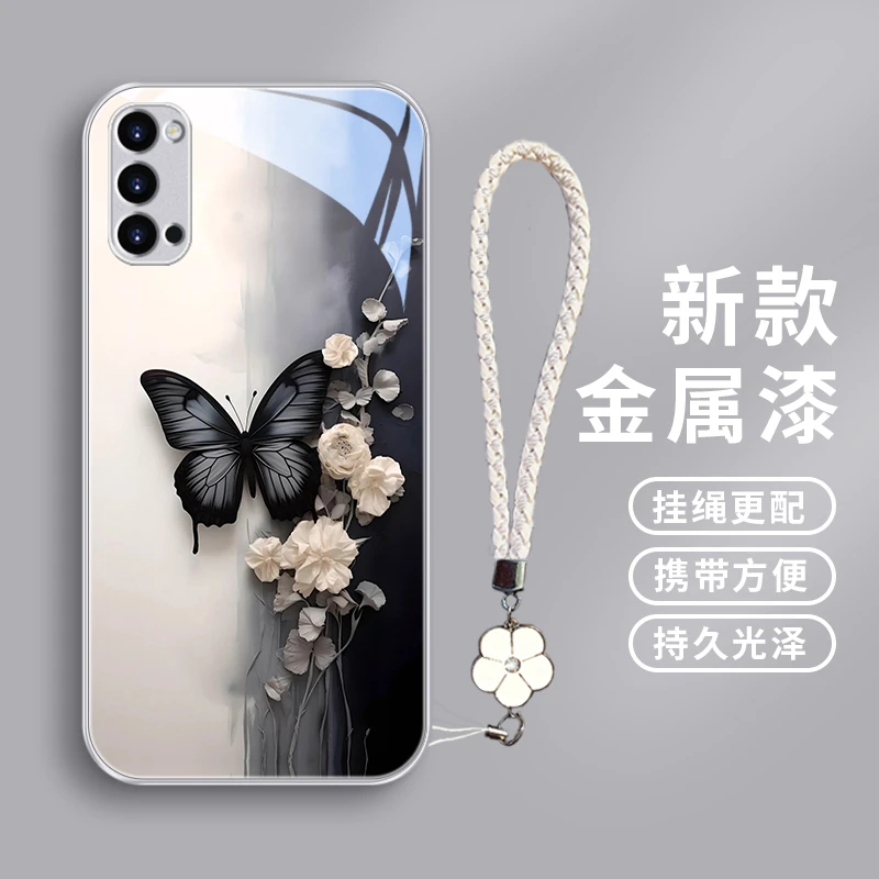 黑色蝴蝶适用opporeno4pro手机壳Reno4情侣4se保护套reno3玻璃壳