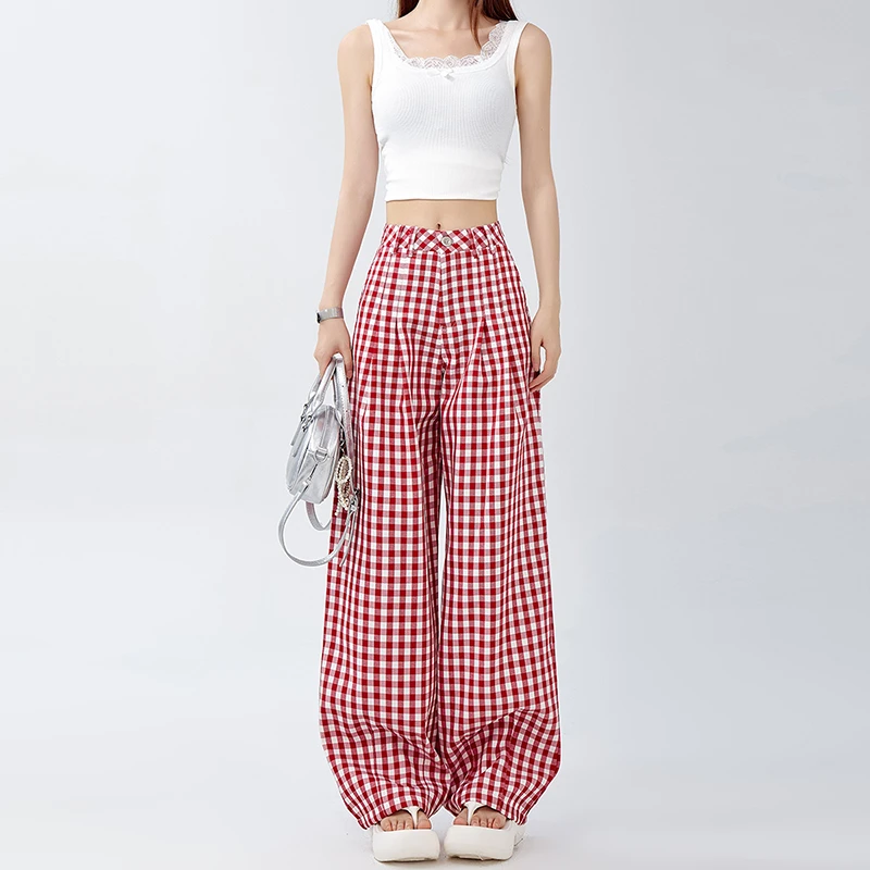 网红黄白格子休闲裤女秋季新款高腰显瘦宽松直筒阔腿长裤格纹裤子