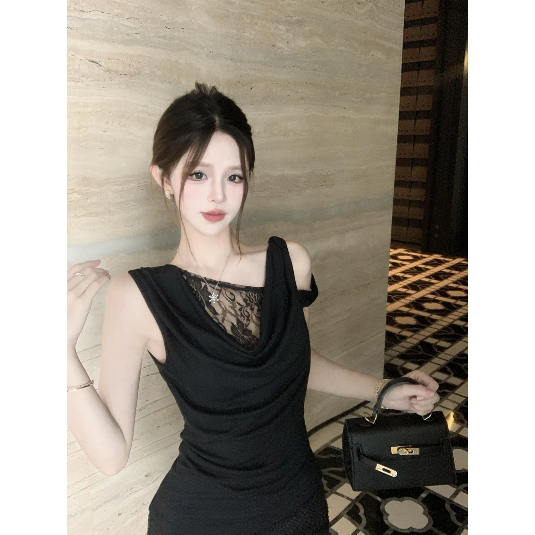 蕾丝拼接荡领露肩吊带背心女夏季新款甜辣妹设计感修身假两件上衣