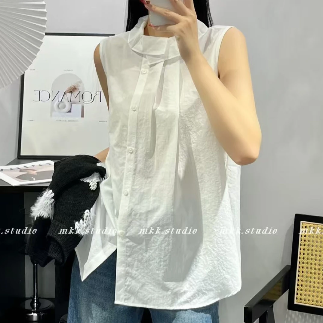 Kin.轻奢服饰新款欧货花瓣领无袖斜禁单排扣白色衬衫