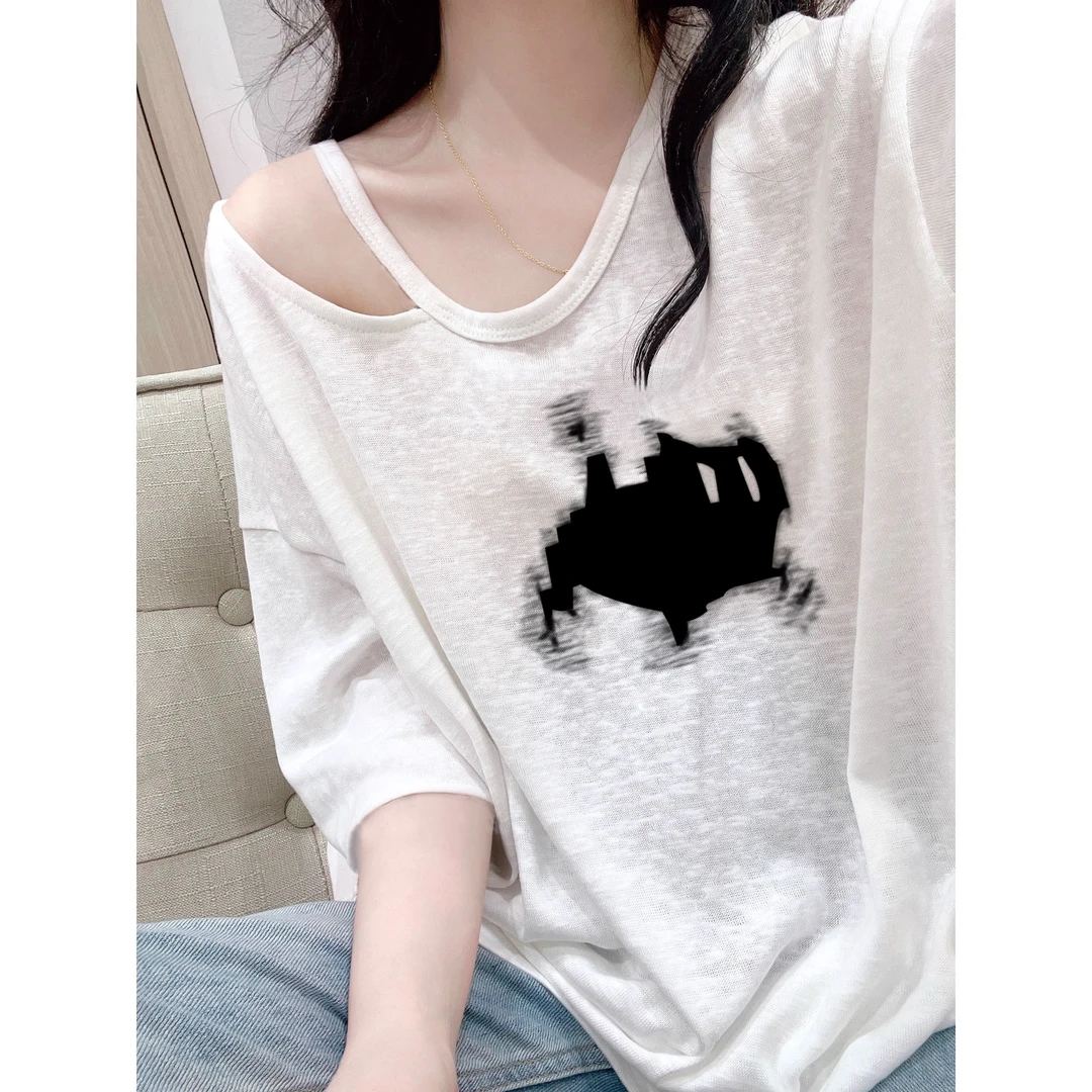 单肩吊带冰感薄款凉爽露肩独特显瘦短袖女夏季宽松上衣T恤V领