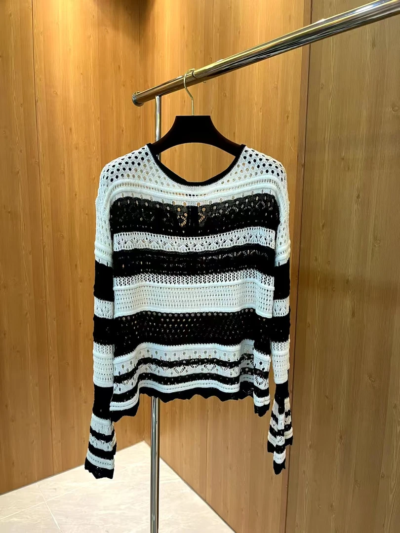 SY038条纹毛衣针织衫长袖镂空气质时尚百搭