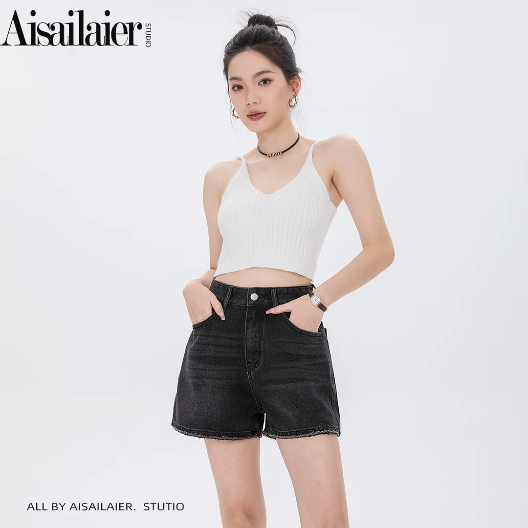 艾赛莱尔黑色高腰a字薄款显瘦2025夏季新款休闲阔腿牛仔短裤女